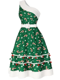 Best Retro Stage Blue 1950s Candy Cane One-Shoulder Dress