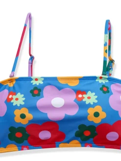 Outlet Retro Stage 1960s Cartoon Floral Spaghetti Straps Swimsuit Blue