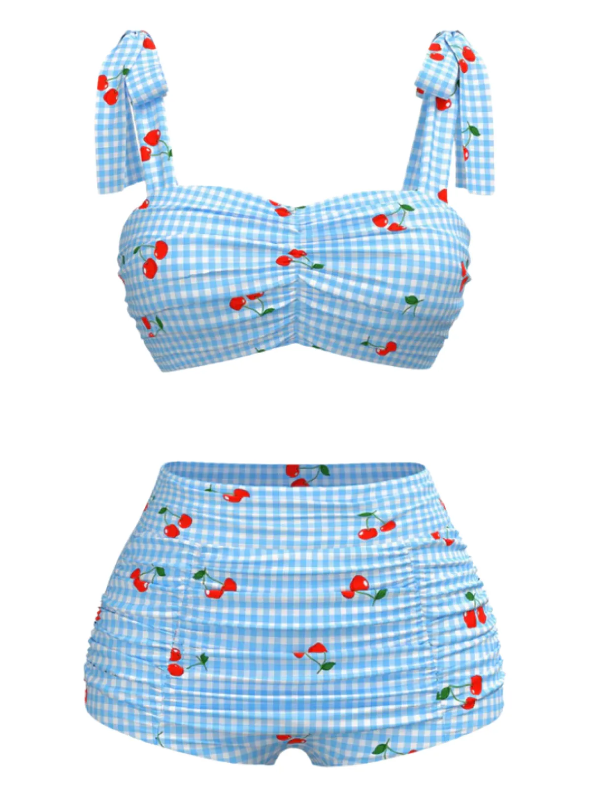 Online Retro Stage Blue 1950s Cherry Plaid Lace-up Swimsuit Royal Blue