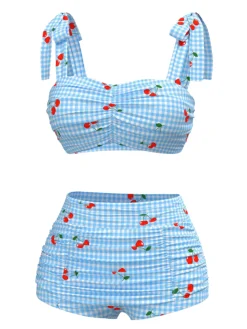Online Retro Stage Blue 1950s Cherry Plaid Lace-up Swimsuit Royal Blue