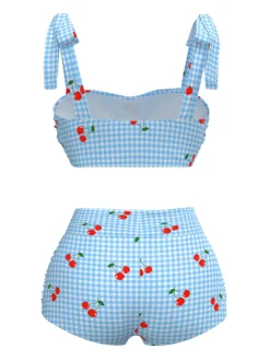 Online Retro Stage Blue 1950s Cherry Plaid Lace-up Swimsuit Royal Blue