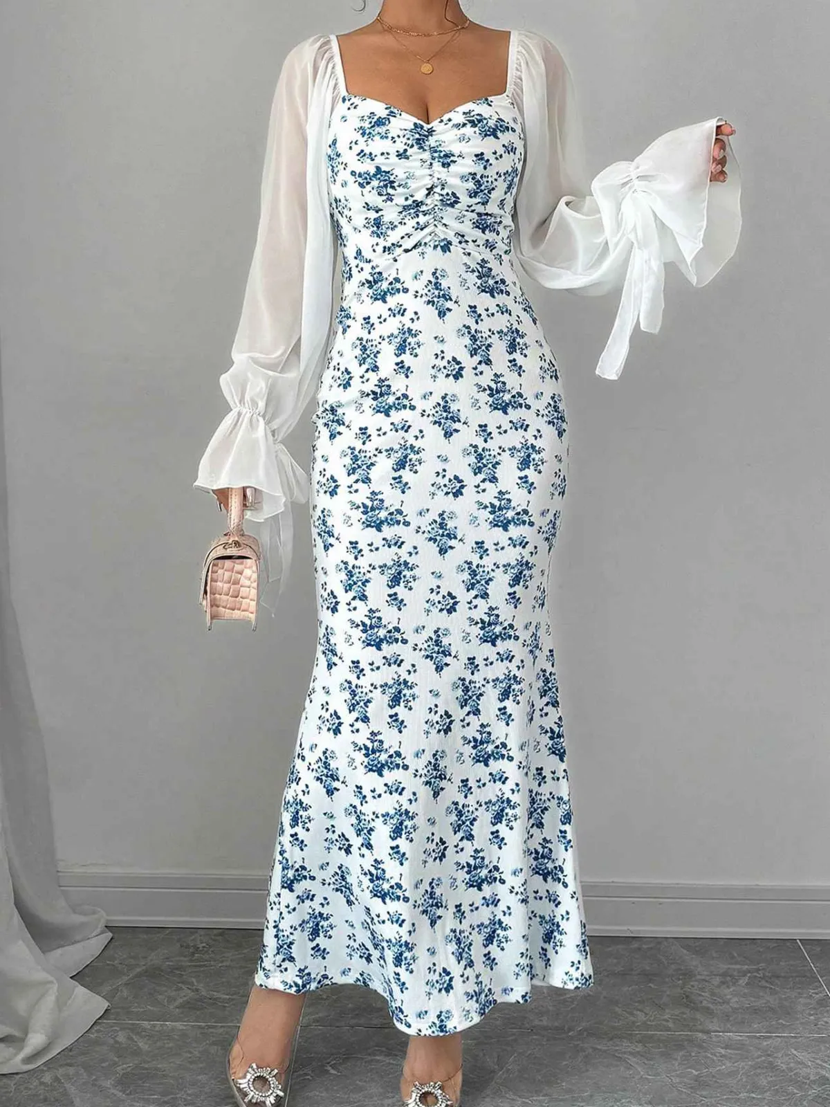 Discount Retro Stage Blue 1930s Chiffon Sleeves Ditsy Floral Dress Light Blue