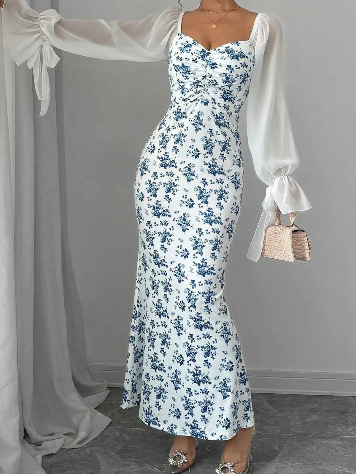 Discount Retro Stage Blue 1930s Chiffon Sleeves Ditsy Floral Dress Light Blue