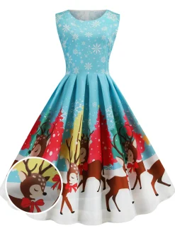 New Retro Stage 1950s Christmas Deer Swing Dress Blue