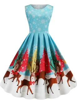 New Retro Stage 1950s Christmas Deer Swing Dress Blue