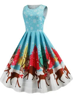 New Retro Stage 1950s Christmas Deer Swing Dress Blue