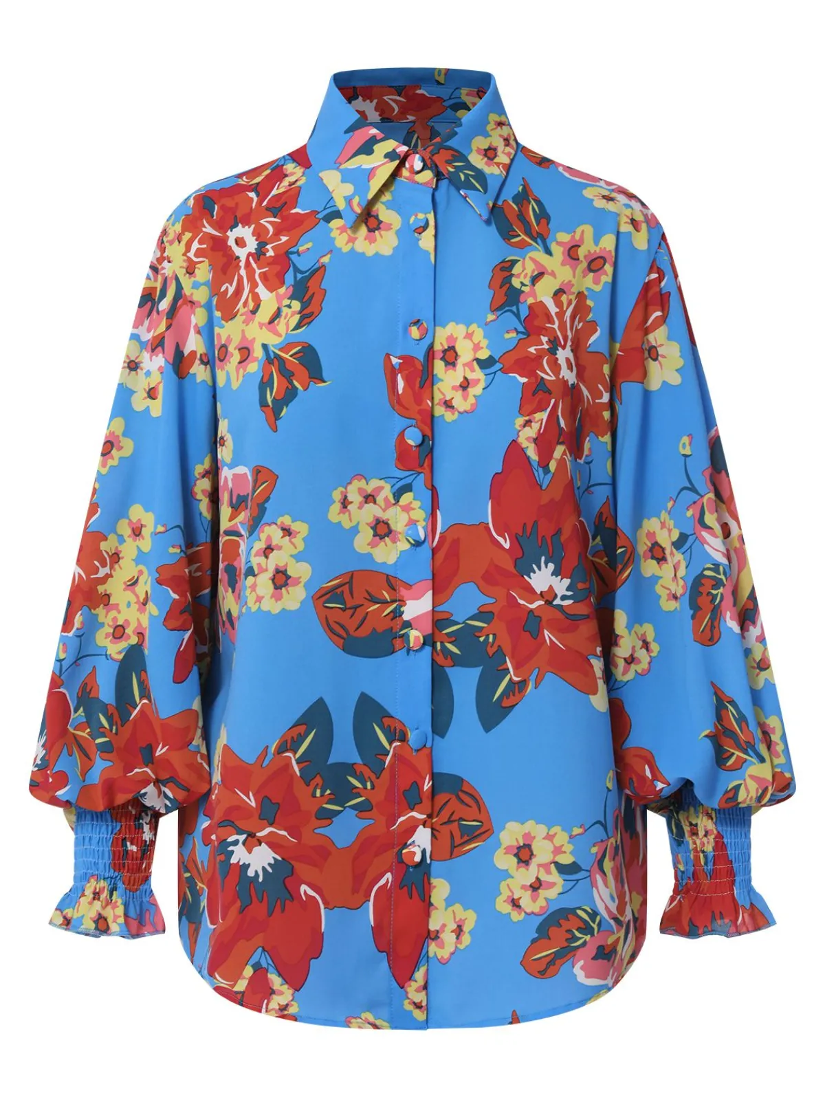 Best Retro Stage 1970s Contrast Floral Bishop Sleeve Blouse Blue