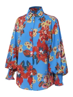 Best Retro Stage 1970s Contrast Floral Bishop Sleeve Blouse Blue