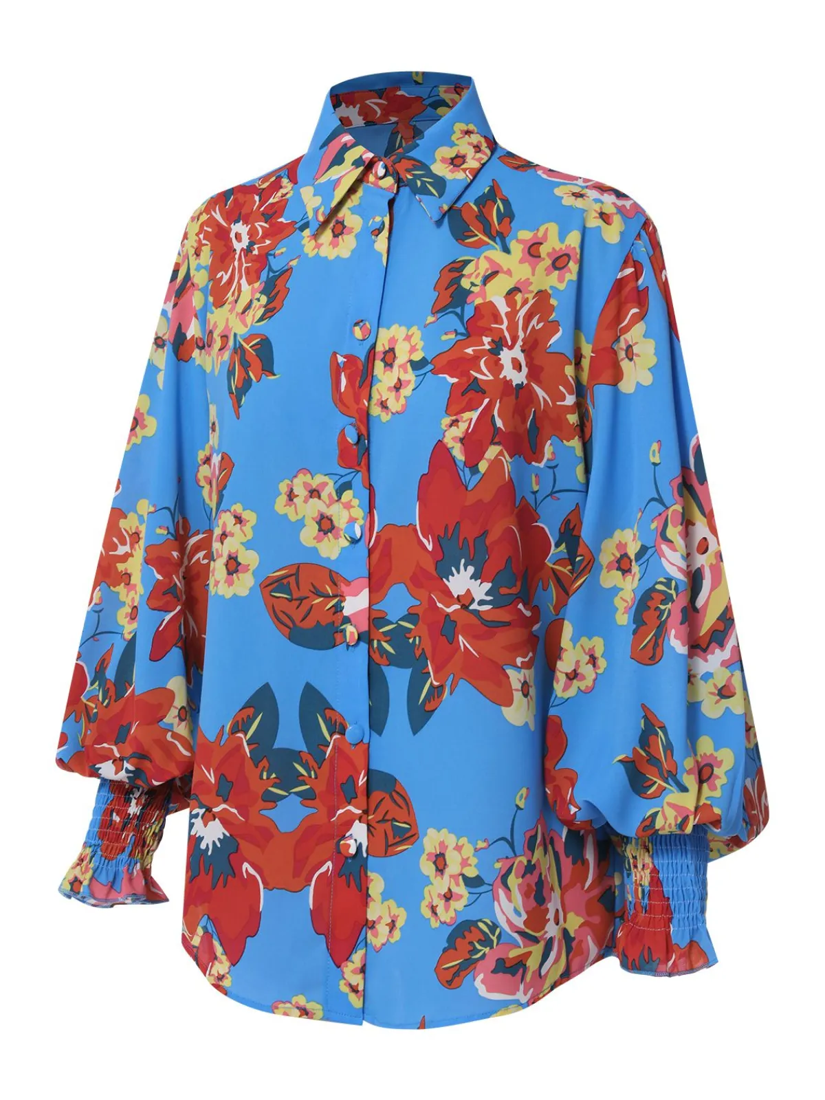 Best Retro Stage 1970s Contrast Floral Bishop Sleeve Blouse Blue
