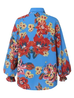 Best Retro Stage 1970s Contrast Floral Bishop Sleeve Blouse Blue