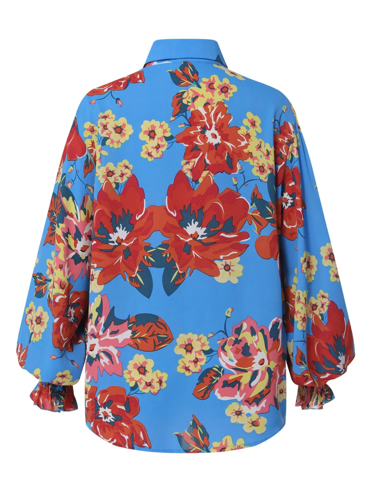 Best Retro Stage 1970s Contrast Floral Bishop Sleeve Blouse Blue