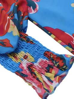 Best Retro Stage 1970s Contrast Floral Bishop Sleeve Blouse Blue