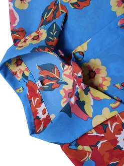 Best Retro Stage 1970s Contrast Floral Bishop Sleeve Blouse Blue