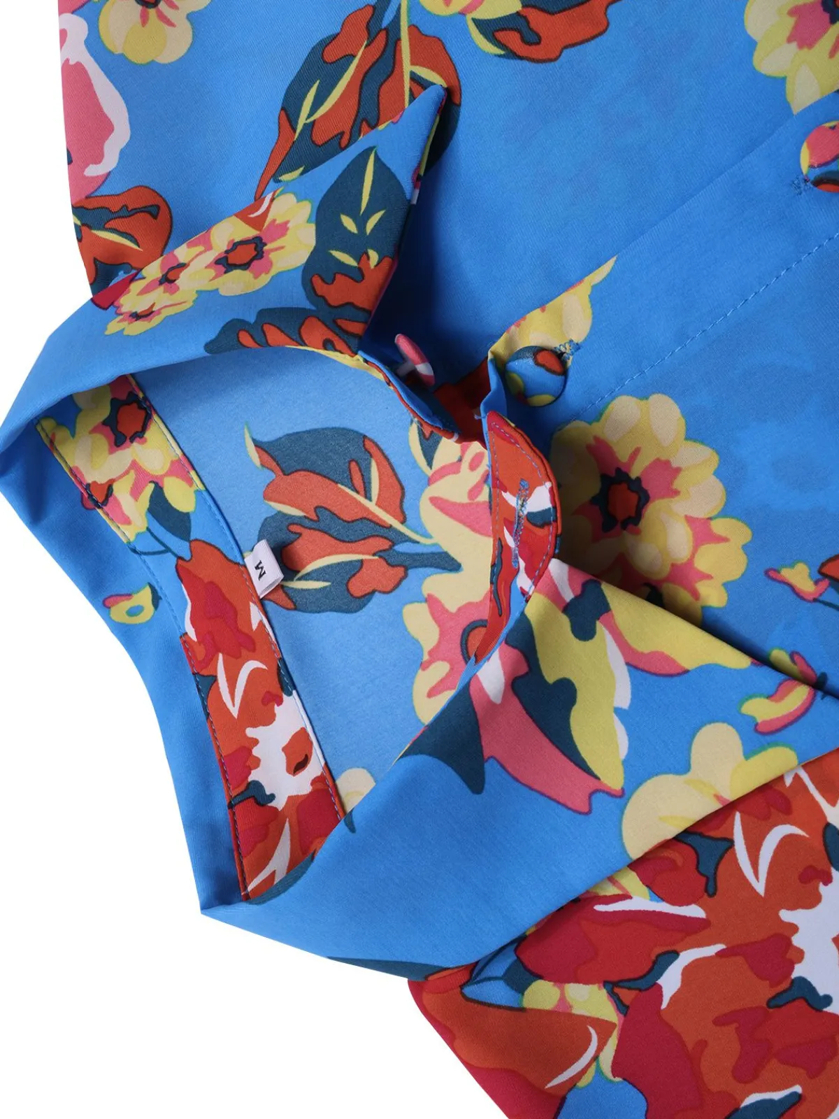 Best Retro Stage 1970s Contrast Floral Bishop Sleeve Blouse Blue