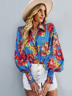 Best Retro Stage 1970s Contrast Floral Bishop Sleeve Blouse Blue
