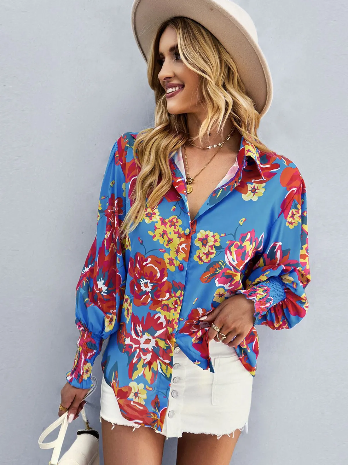Best Retro Stage 1970s Contrast Floral Bishop Sleeve Blouse Blue
