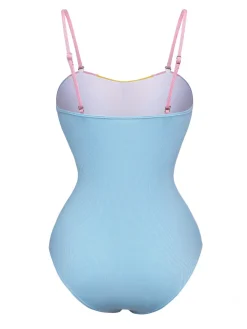 Online Retro Stage 1930s Contrast Spaghetti Straps One-Piece Swimsuit Blue