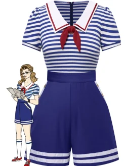 Fashion Retro Stage 1950s Cotton Cravat Nautical Stripe Romper Blue