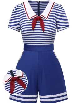 Fashion Retro Stage 1950s Cotton Cravat Nautical Stripe Romper Blue