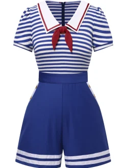 Fashion Retro Stage 1950s Cotton Cravat Nautical Stripe Romper Blue