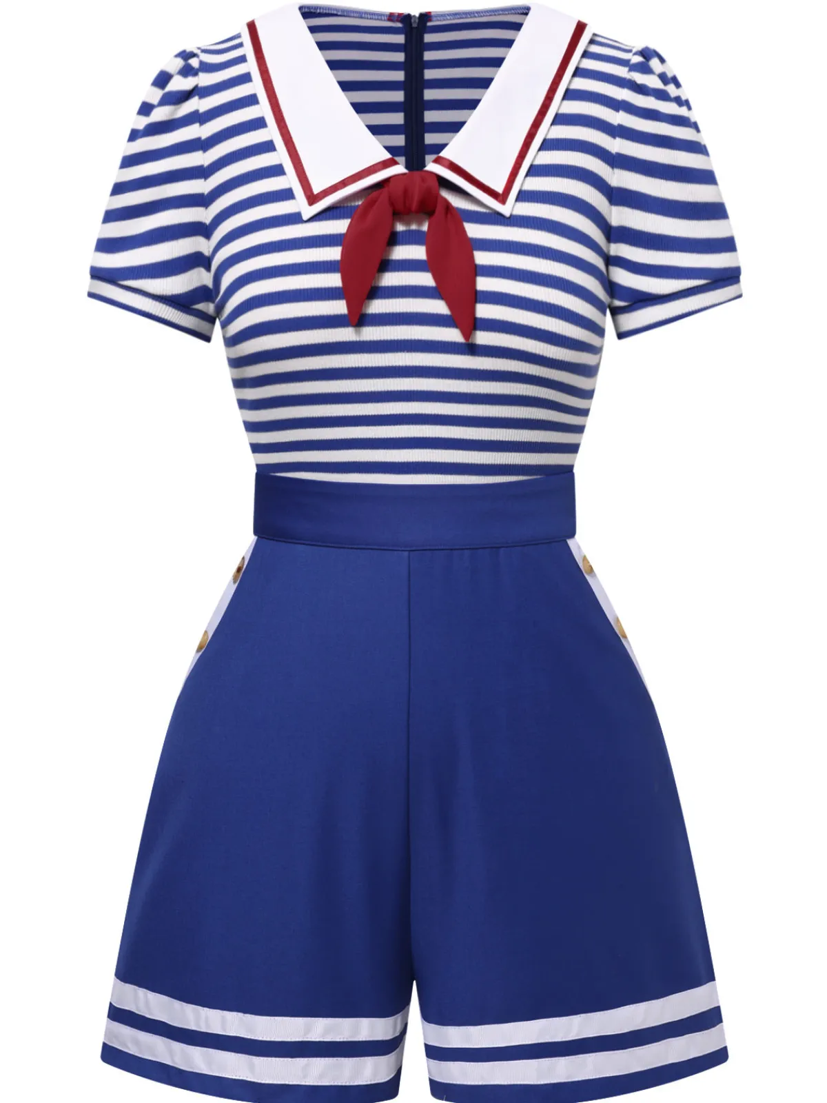 Fashion Retro Stage 1950s Cotton Cravat Nautical Stripe Romper Blue