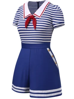 Fashion Retro Stage 1950s Cotton Cravat Nautical Stripe Romper Blue