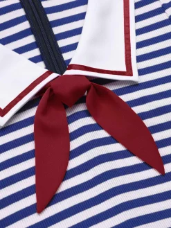 Fashion Retro Stage 1950s Cotton Cravat Nautical Stripe Romper Blue