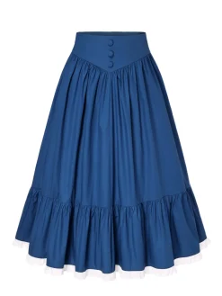 Fashion Retro Stage Blue 1940s Cotton Lace Hem Pleated Skirt Dark Blue