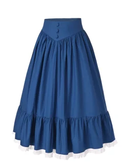 Fashion Retro Stage Blue 1940s Cotton Lace Hem Pleated Skirt Dark Blue