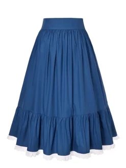 Fashion Retro Stage Blue 1940s Cotton Lace Hem Pleated Skirt Dark Blue