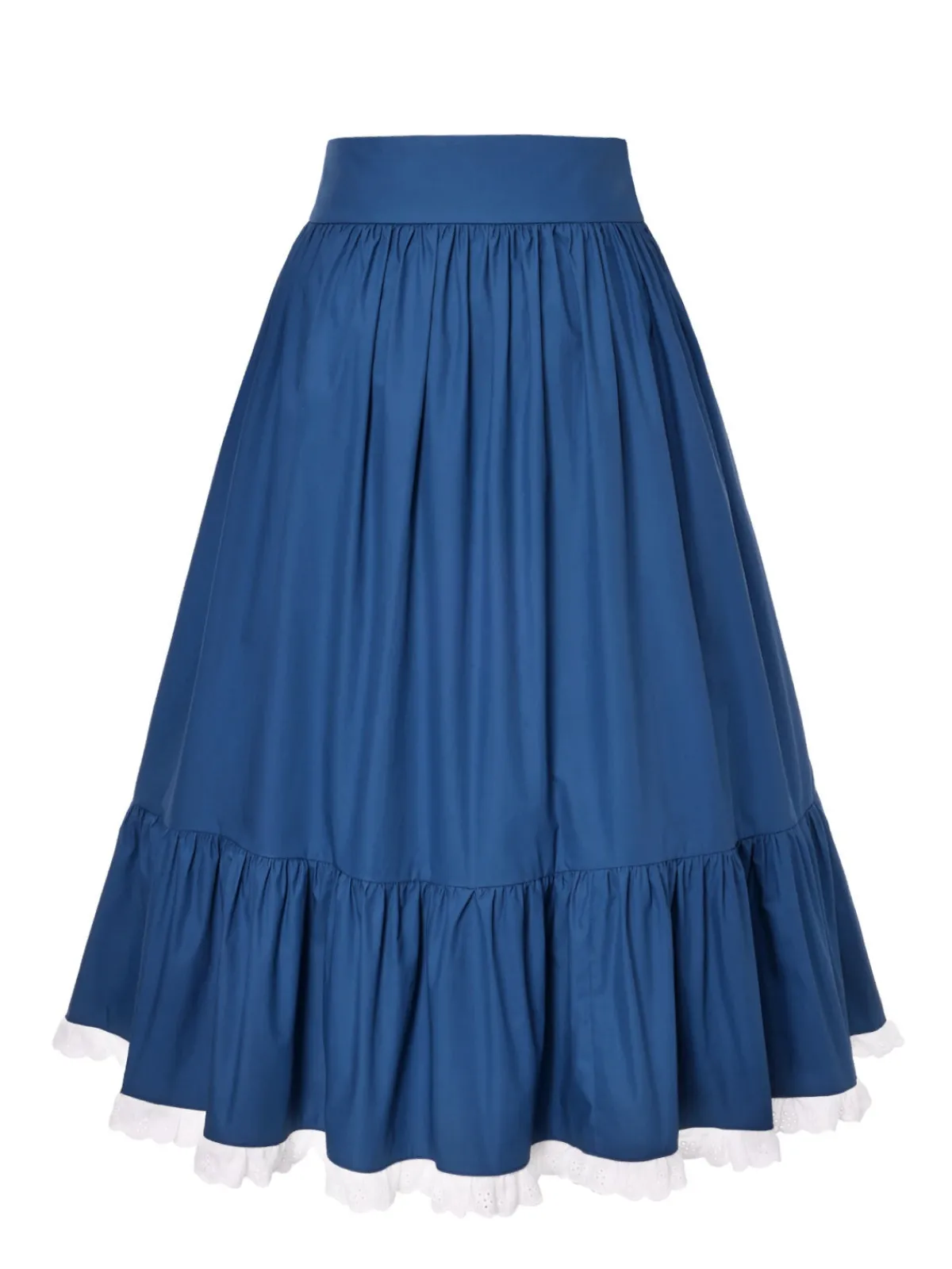 Fashion Retro Stage Blue 1940s Cotton Lace Hem Pleated Skirt Dark Blue