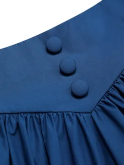 Fashion Retro Stage Blue 1940s Cotton Lace Hem Pleated Skirt Dark Blue