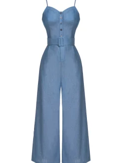 Online Retro Stage Blue 1930s Cowboy Solid Strap Jumpsuit