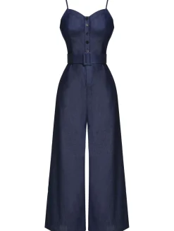 Online Retro Stage Blue 1930s Cowboy Solid Strap Jumpsuit