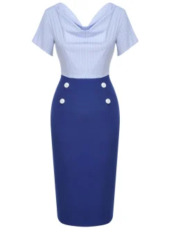Online Retro Stage 1960s Cowl Striped Lace-Up Wrap Dress Blue
