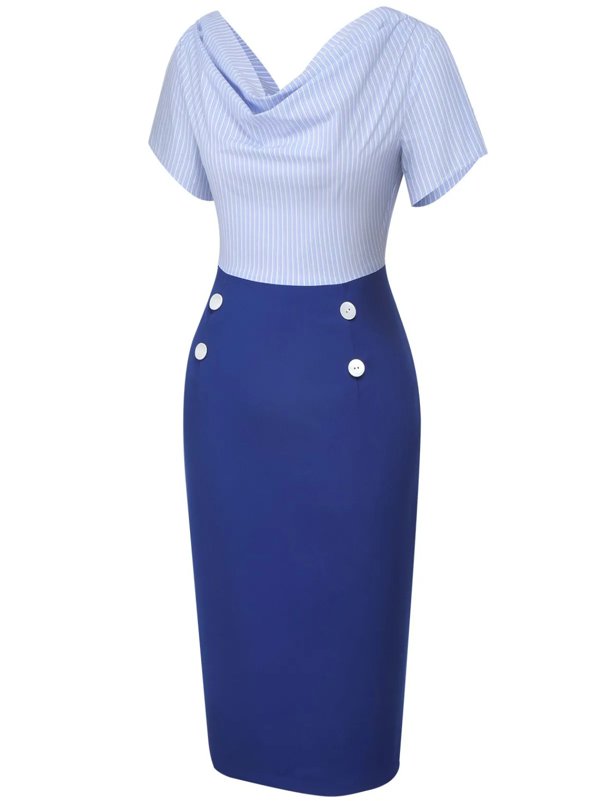 Online Retro Stage 1960s Cowl Striped Lace-Up Wrap Dress Blue