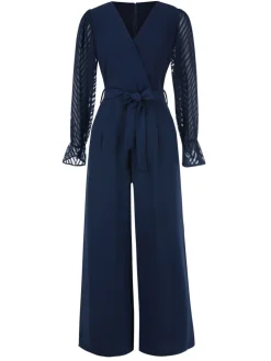 Sale Retro Stage Blue 1960s Curve Stripes Sheer Patchwork Jumpsuit Dark Blue