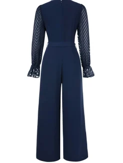 Sale Retro Stage Blue 1960s Curve Stripes Sheer Patchwork Jumpsuit Dark Blue