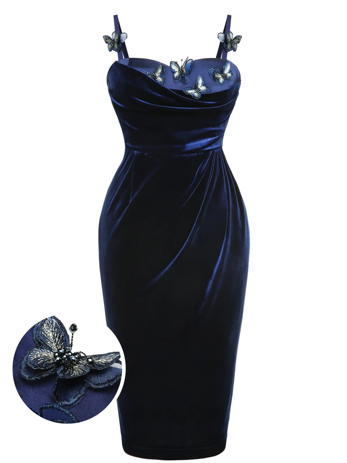 Hot Retro Stage Blue 1960s 3D Butterfly Velvet Pencil Dress Navy Blue