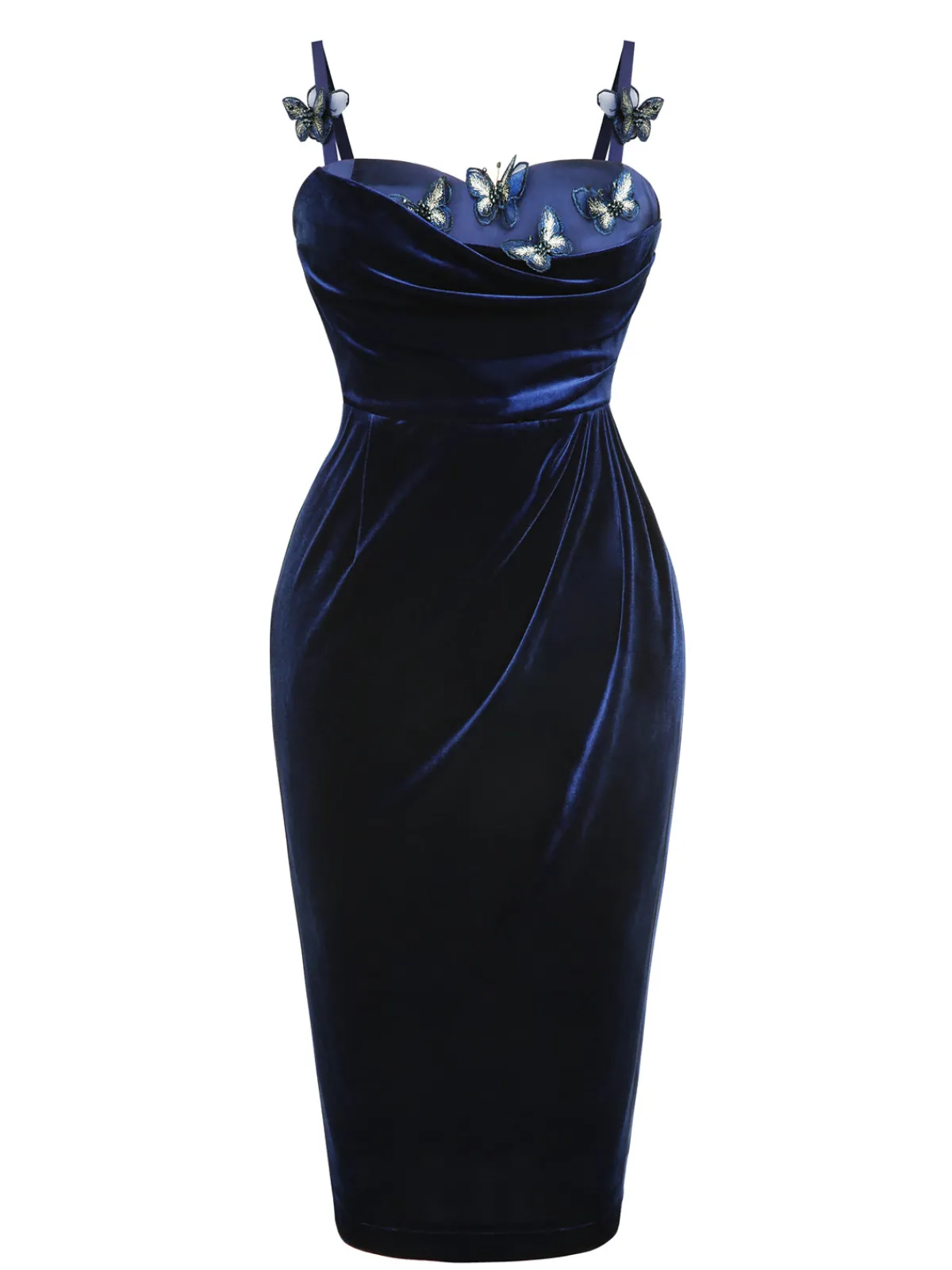 Hot Retro Stage Blue 1960s 3D Butterfly Velvet Pencil Dress Navy Blue