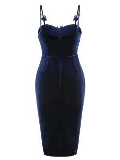Hot Retro Stage Blue 1960s 3D Butterfly Velvet Pencil Dress Navy Blue