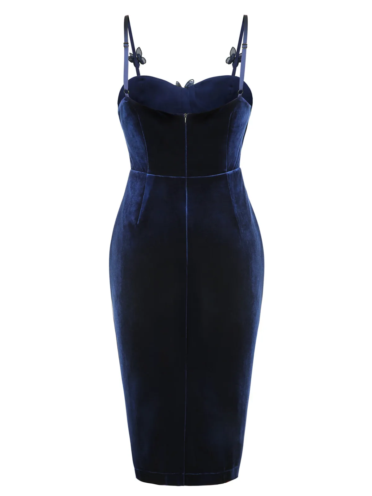 Hot Retro Stage Blue 1960s 3D Butterfly Velvet Pencil Dress Navy Blue