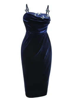 Hot Retro Stage Blue 1960s 3D Butterfly Velvet Pencil Dress Navy Blue