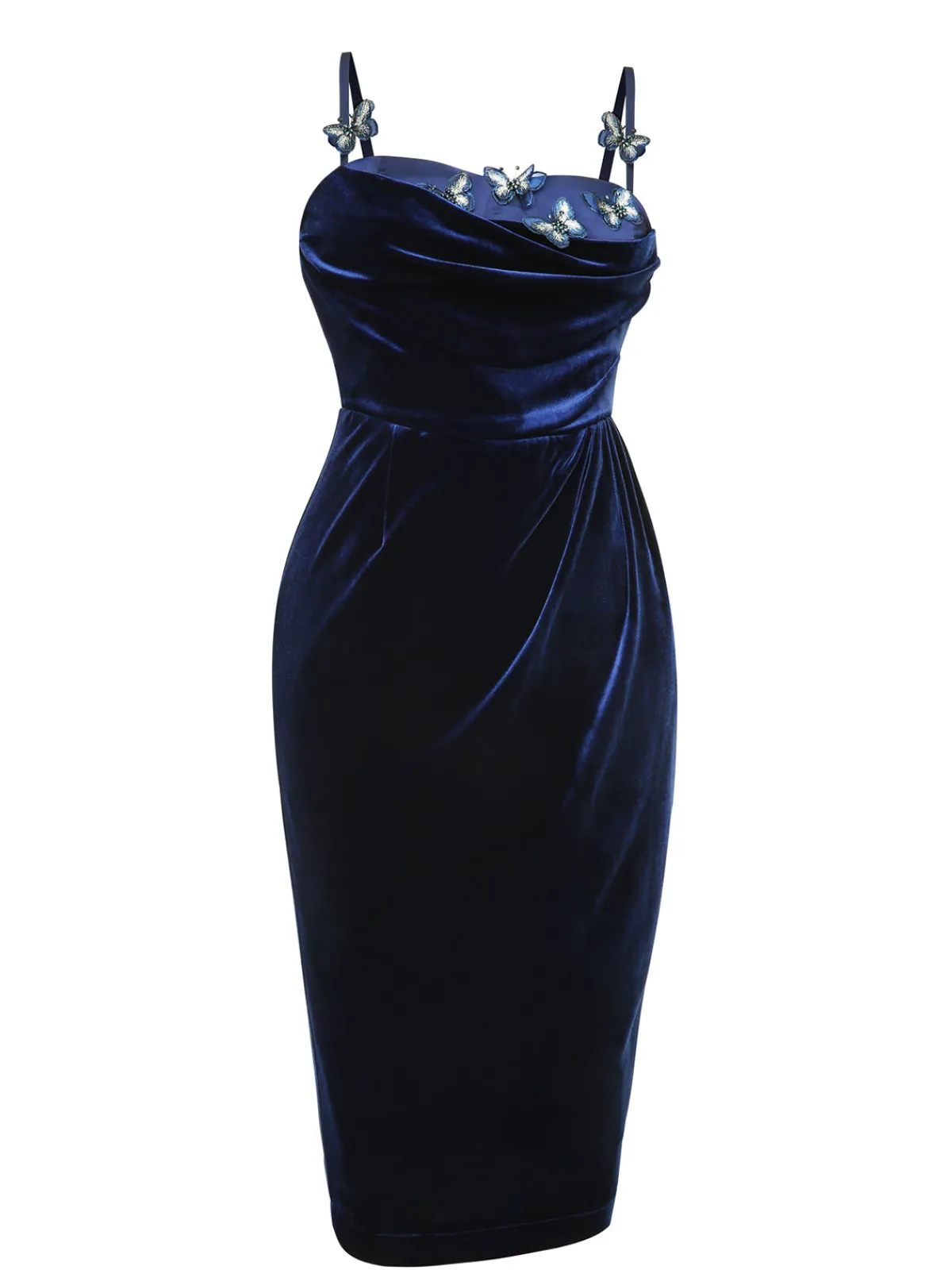 Hot Retro Stage Blue 1960s 3D Butterfly Velvet Pencil Dress Navy Blue
