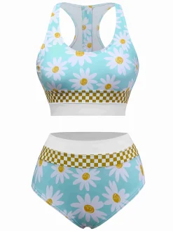 Discount Retro Stage 1960s Daisy Print Check Tankini Set Blue