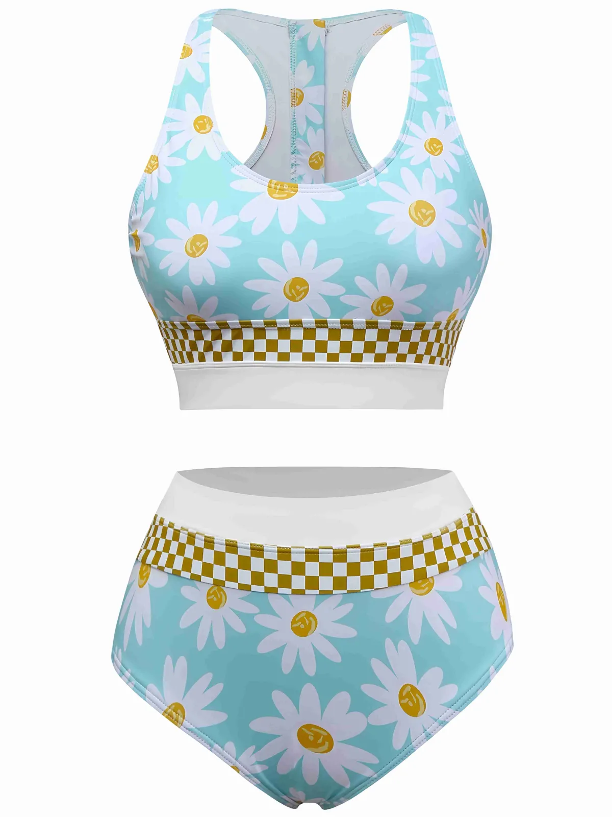 Discount Retro Stage 1960s Daisy Print Check Tankini Set Blue