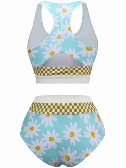 Discount Retro Stage 1960s Daisy Print Check Tankini Set Blue