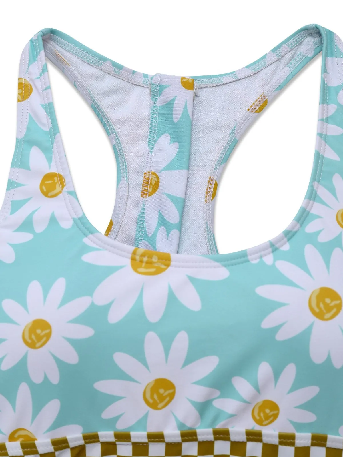 Discount Retro Stage 1960s Daisy Print Check Tankini Set Blue
