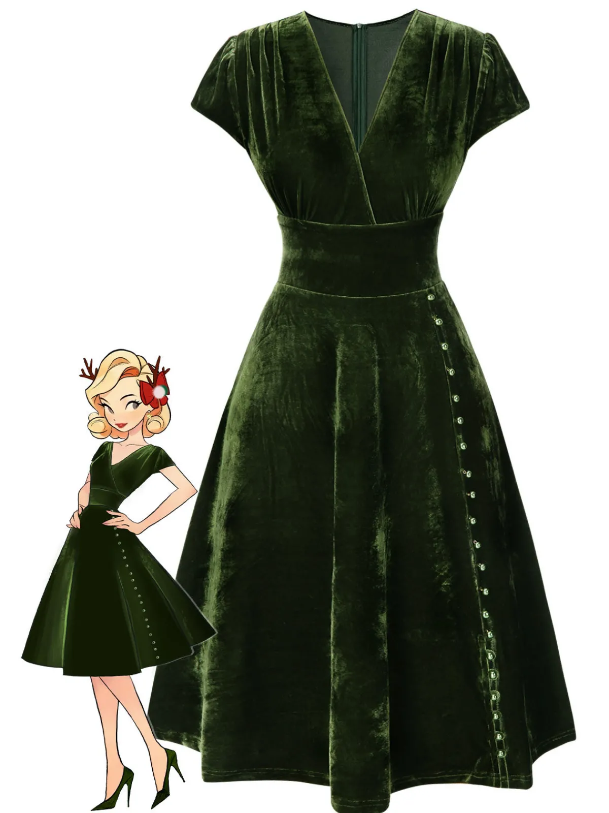 Sale Retro Stage Blue 1940s Deep V-Neck Pearl Velvet Dress
