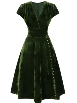 Sale Retro Stage Blue 1940s Deep V-Neck Pearl Velvet Dress